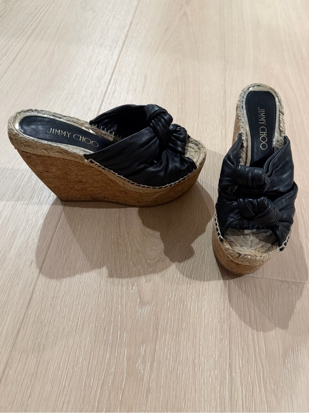 Jimmy Choo Black Leather Knotted Espadrille Cork Wedge Slides